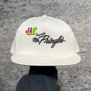 Vintage 90s Jif Peanut Butter Mr Pringle's Hat Snapback White OSFA Adjustable‎